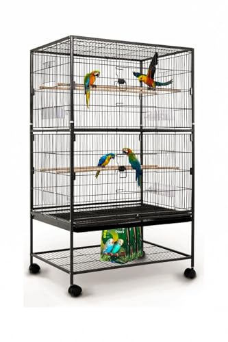 Large 132cm Flight Cage Stand Wheels Rolling Portable Metal Bird Cage Tray For Parrot Cockatiels Quaker Parakeets Green Cheek Conures Cockatoo Parrot Budgies Canary (Black 132x79x51.8cm)