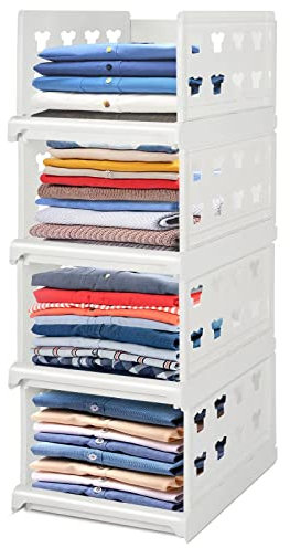 Hossejoy Extra Large Set of 4 Stackable Wardrobe Storage Organiser, Foldable Wardrobe Storage Box Organizer, Plastic Closet Organiser Shelves Basket, Perfect for Home, Bedroom, Office