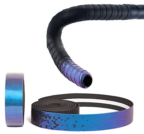 Cykelstyre, bekväm, halkfri dämpning, svett, andas, delikat beröringsgradient EVA-skum, självhäftande, med 2 barpluggar, cykelstångomslag (blå-violett gradient)