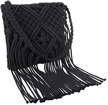 NiCoLa Shoulder Bag Tassel Shoulder Bags for Women, Boho Shoulder Bags for Women with Zip, Woven Beach Shoulder Bag for Holiday Beach Travel (Black)