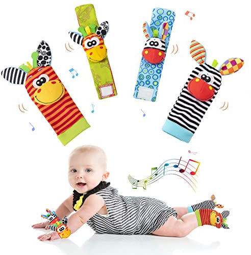 Sonajero Calcetines y Muñequeras para Bebé, Sonajeros de Pulseras y Pies Juguete Regalo Ideal con Lindo Animales Patrón Promover Sentido Desarrollo para Niño Niñas 0-12 Meses, 4PCS