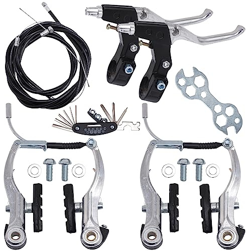 Stylemafia Complete V Bike Brake Set, Front and Rear Bike MTB Brake,Inner and Outer Callipers Cables Lever Kit with Calipers Levers Cables Multi-Tool Wrenches (Silver)