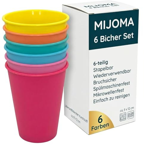 MIJOMA campingservis set – 6 färgglada återanvändbara muggar av livsmedelssäker plast för husbilar, picknick, resor och utomhus