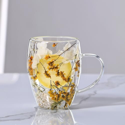 LEKUNI tazas de cafe con Flores Secas, 350ml vasos cafe cristal, taza doble pared cristal, tazas cafe espresso de Vidrio Transparente para nespresso, Espresso, leche, Té(amarillo)
