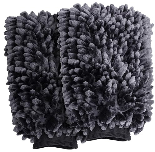 VIKING Car Wash Mitt, Microfiber for Car Cleaning, Premium Chenille, Black, 10 inch x 8 inch, 2 Pack