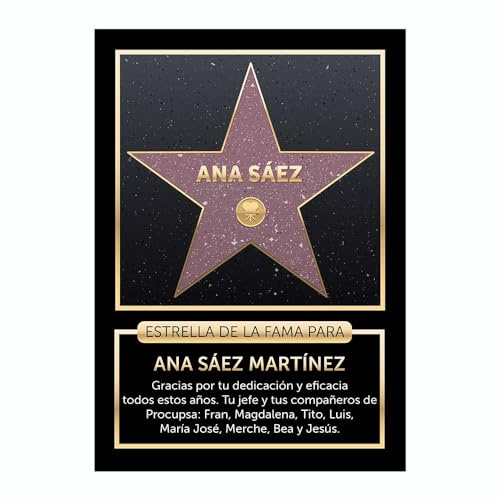 CALLE DEL REGALO - Estrella de la Fama de Hollywood Personalizada con Nombre y Dedicatoria | Placa PVC Decorativa para Pared | Original para Cumpleaños, Navidad y cinéfilos | Fabricado en España