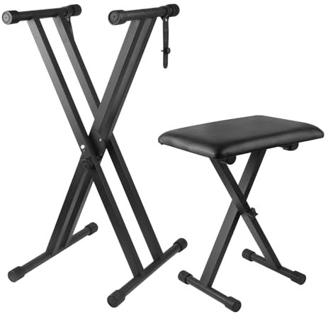 Bazayona Keyboard Stand Piano Bench Set, Double X Adjustable Keyboard Stand Piano Stand with Lockable Straps, (Piano Keyboard Stand x 1, Piano Bench x 1), (7 Adjustable Heights), Black