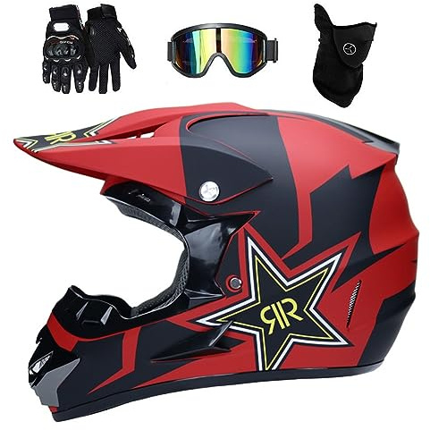 Cara Completa Casco de Motocross, con Gafas Guantes Mascarilla, Juventud Niño Fuera de La Carretera Moto Chocar Casco, Downhill Carreras de Enduro ATV MTB BMX Quad Dirt Bike Casco(OO,M/54-55CM)