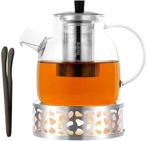 HOTUT 1500ml Glass Teapot with Removable Infuser and Warmer,Stove Safe Large Tea Kettle with Tea Clip,Borosilicate Glass Strainer Teapot,Loose Leaf and Blooming Tea Maker for Blooming Tea,Loose Tea