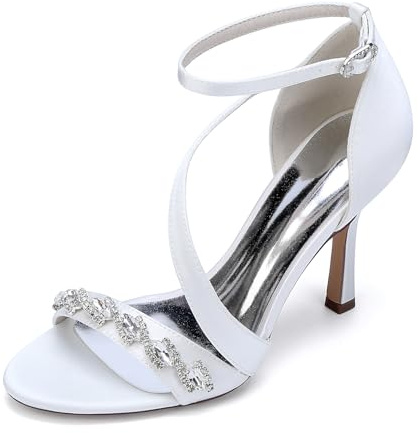 EICOFF Décolleté con Tacco Punta Aperta Strass e Cinturino alla Caviglia Scarpe Donna per Cerimonie Lavoro e Feste Sposa,Bianca,38 EU