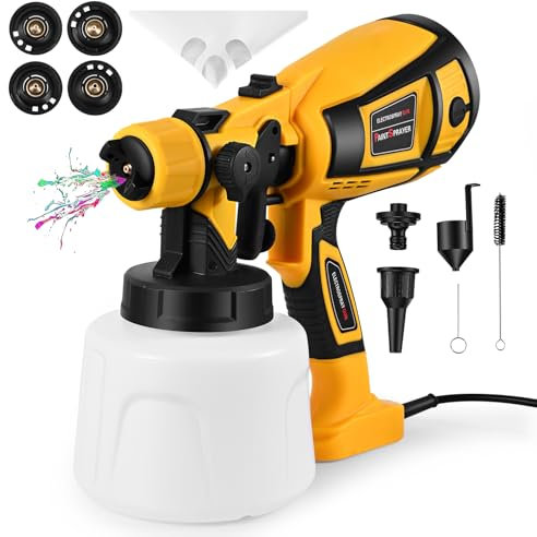 MINENICE Pistola de Pintura, 650W HVLP Pulverizador de Pintura Eléctrico Gran Capacidad de 1400ml Pulverizador de Pintura Multifuncional con 4 Boquillas & 3 Patrones para Pintura De Pared, Amarillo