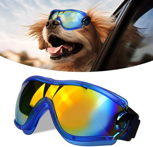 Occhiali da Sole per Cani Shyllin, Occhiali per Cani Occhiali da Sole, Dog Sunglasses con Protezione Uv, Antipolvere, Eleganti Occhiali Moto Cane di Taglia Media/Grande (Blu-Rosso)