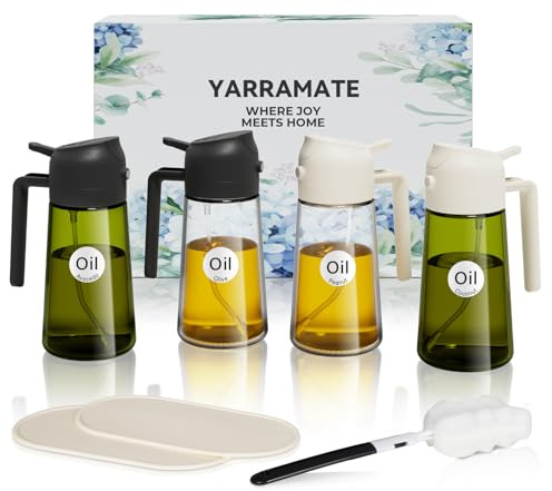 YARRAMATE 4Pcs 16oz/470ml Glass Olive Oil Sprayer Set with Stickers, Kitchen Gadgets, Including 2Pcs Non-Slip Bottle Mat, Cleaning Brush-Aesthetic Ideal Kitchen Gift