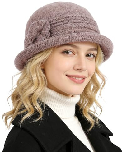 AYPOW Bonnet Hiver Chaud pour Femme,Élégant Bord Enroulable Pliable Chapeau Melon avec Fleur,Double épaisseur Douce Tricoté Chapeaux Cloche Fedora,Casquette Hiver Quotidien pour Femme