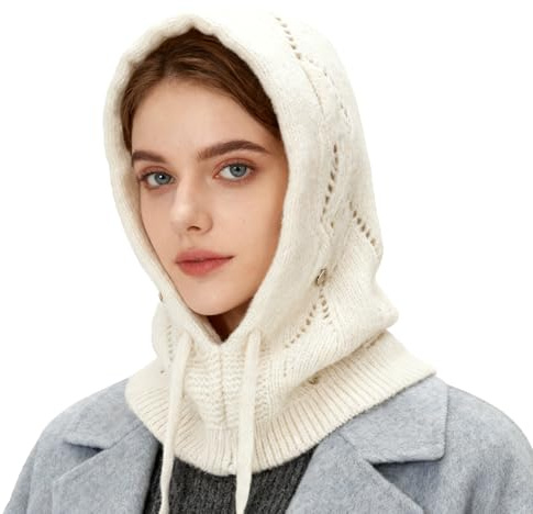 AYPOW Mujer Invierno Gorro de Punto y Bufanda con Capucha, 2 en 1 Térmicos Prueba de Viento Ajustable Pasamontañas, Moda Ocio Pullover Calentador de Cuello para Deportes al Aire Libre Diario Correr