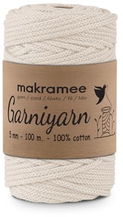 GARNIYARN Makramee Garn 5mm 100m geflochten, 100% Baumwolle, Natur