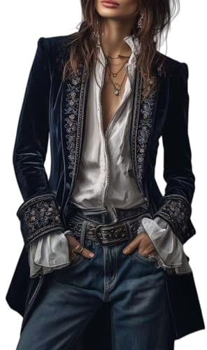 Blazer Mujer - Chaqueta Larga Vintage Bordada De Terciopelo para Mujer con Exquisito Bordado Floral Blazer De Terciopelo con Solapa con Muescas Estilo Retro Traje Bohemio con Abertura Frontal Ropa E