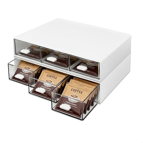 Caja Infusiones, Caja de Té y Caja Té con Cajón, Organizador de Escritorio Blanco de Plástico para Sobres de Té Café Azúcar y Más, 21x14x5,8cm Pack de 2 Unidades