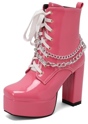 TNMIUH Stivali Goth con Zeppa da Donna, Anfibi con Tacco Largo da 11.5cm e Catena, Stivaletti Gotici in Vernice con Cerniera Laterale, Nero Bianco Rosa,Rosa,38.5 EU