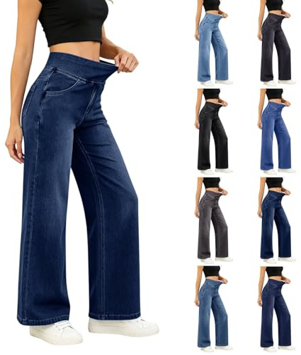 Denim Jeans for Women UK Elasticated High Waist Stretchy Sweatpants Jeans Soft Breathable Loungewear Wide Leg Denim Trousers with Pockets Baggy Pull-on Denim Pants for Travel Holiday Office