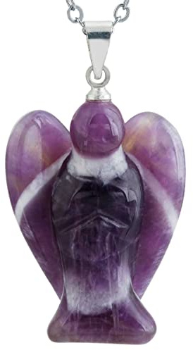 TUMBEELLUWA Guardian Angel Handmade Carved Healing Stone Crystal Pendant with Metal Alloy Chain, Amethyst