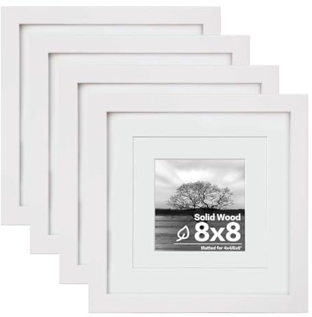 Egofine 8x8 Picture Frames 4 PCS - Made of Solid Wood Covered by Plexiglass for Table Top Display and Wall Mounting Photo Frame for Pictures 4x4/6x6 with Mat White