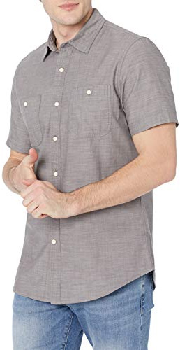 Amazon Essentials Camicia da Uomo in Chambray a Maniche Corte, Grigio Scuro, S