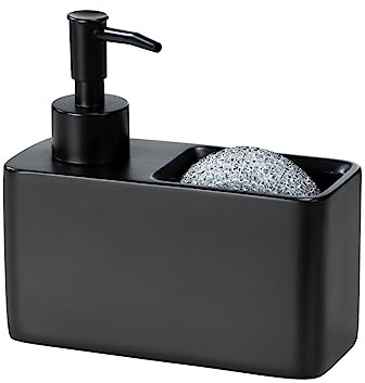 WENKO Dispenser per detersivo Mod Resa, dispenser da 150 ml con scomparto in spugna con spugna, adatto per detersivo o sapone liquido, accessorio per cucina Black Outdoor Kitchen in poliresina, 14,5 x