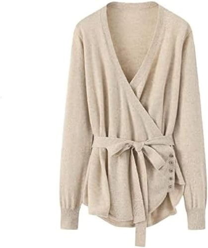 Ovanlig snörning kashmirtröja för kvinnor, 100 % kashmirjacka, höst och vinter, tröja, beige, XL