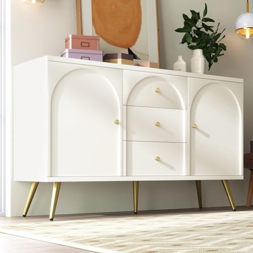 PUGSDRLY Commode à 2 Portes et 3 tiroirs - Commode de Rangement avec tiroirs - Blanc - Buffet avec étagères réglables - pour Salon et Chambre à Coucher - Crème (H 84 x l 140 x P 40 cm)