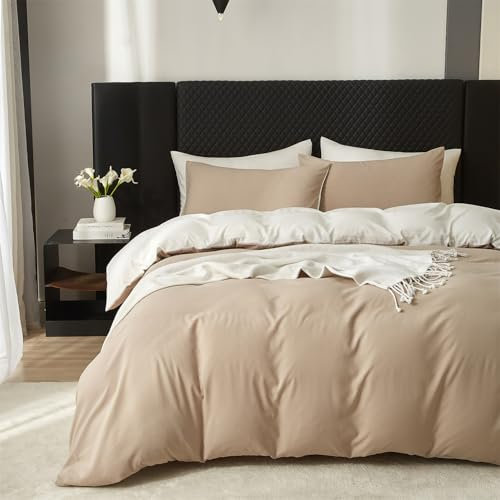Boqingzhu Bettbezug Set 135x200 Baumwolle, Beige Weiß Bettwäsche 2 Teilig, Weich Atmungsaktiv Pflegeleicht, Reißverschluss, Einzelbett Bettgarnitur Wendebettwäsche Set