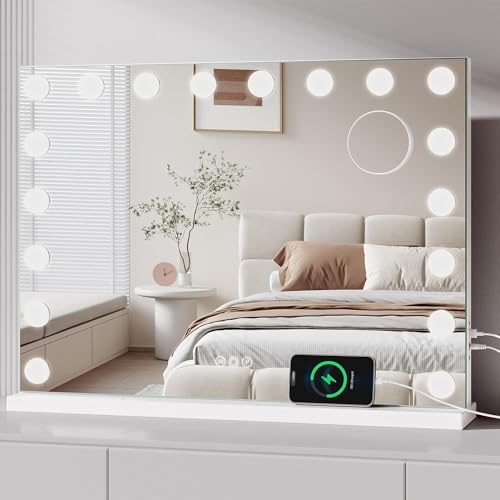 Moziel 80x60cm Specchio da Trucco Hollywood con Luci a 18 Led Montato a Parete o sul Tavolo, 3 Colori di Luce e Funzione di Luminosità Regolabile