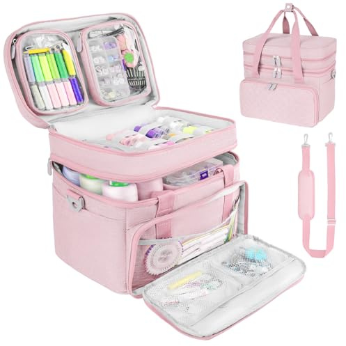 Jaffzora Sewing Accessories Organizer Case with Shoulder Strap,Double Layer Sewing Storage Bag with 2 Detachable Pouches for Sewing Accessories and Supplies,Pink
