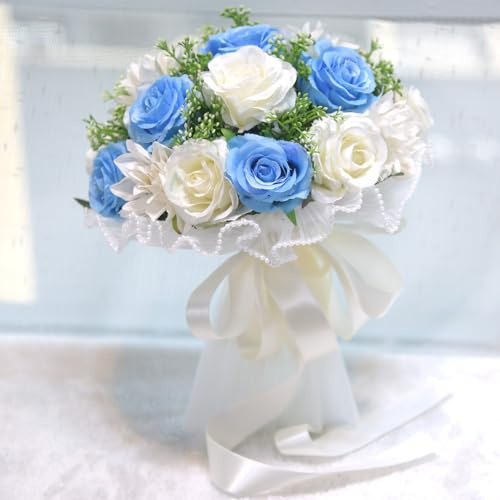 SUXUMHAO Ramos de boda para novia, ramos azules para novia, ramo de flores artificiales para boda, ramos de dama de honor con cinta de seda, día de San Valentín