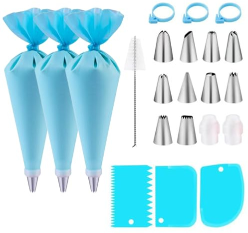 Laitejituan Piping Bags & Nozzles Set, 22 Pcs Cake Decorating Kit | 3 Reusable Pastry Bags,10 Stainless Steel Nozzles,2 Coupler,3 Bag Ties,3 Cake Scrapers 1 Brush for Baking & Cake Decorating