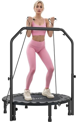 Soozier 40 Foldable Mini Trampoline, Rebounder Trampoline for Adults with Adjustable Foam Handle and Resistance Bands, Fitness Rebounder for Indoor Outdoor Workout, Max Load 330 lbs, Black