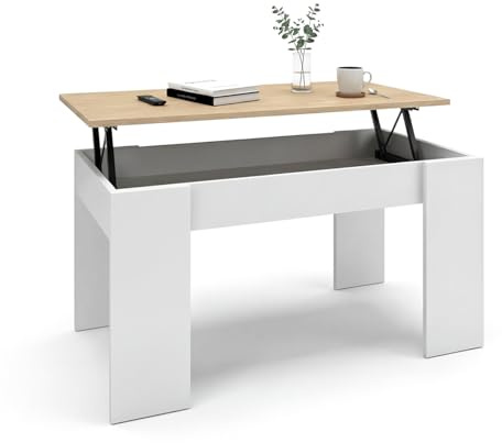 duehome | Mesa de Centro elevable, Mesita de Salón Comedor, Acabado en Blanco Artik y Roble Canadian, Modelo Norak, Medidas: 90 cm (Largo) x 50 cm (Ancho) x 33,8/45,3 cm (Alto)