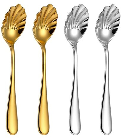 4 PCS Shell Shape Stainless Steel Sugar Spoon, Small Spoons for Dessert Tiny Jelly Spoon Mini Espresso Spoons Vintage Stirring Teaspoon for Spice Chocolate, Jam, Tea, Dishwasher Safe(Silver, Gold)