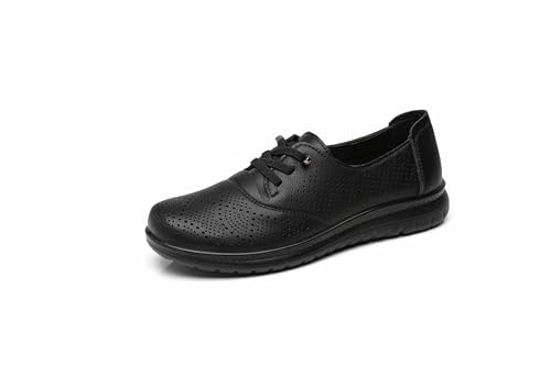 IVACHY Women's Breathable Loafers Comfort Slip On Flat Shoes - Hollow Out Perforated Nurse Work Walking Trainers - Lightweight Soft Summer Footwear- Ladies lace up Sneakers Black