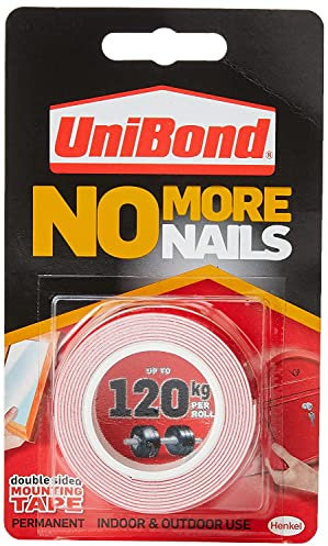 UniBond No More Nails On A Roll, Double-Sided Tape for Reliable Instant Bonding, Multipurpose Adhesive Tape, Adhesive Strips for Indoor/Outdoor Use, 19mm x 1.5m Roll