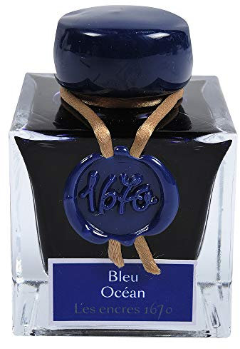Jacques Herbin - Ref 15018JT - Ink for Fountain Pens & Rollerball Pens - Bleu Océan / Blue Ocean - 50ml Bottle - '1670' Jacques Herbin Prestige Collection - Blue-Coloured Ink