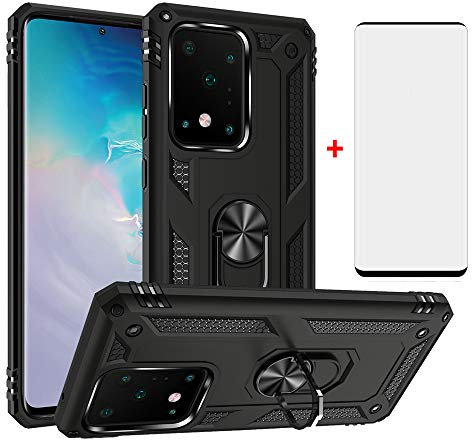Phone Case for Samsung Galaxy S20 Ultra with Tempered Glass Screen Protector Stand Ring Holder Accessories Heavy Duty Rugged Protective Shockproof Hard Bumper S20Ultra Samsungs20ultra Women 2020 Black