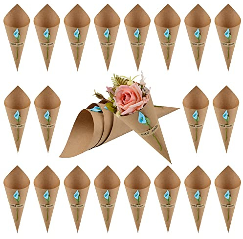 WANDIC Kraft Paper Cones, 50 Pcs Wedding Confetti Paper Cones Bouquet Petals Bags Boxes with Blue Horseshoe Flowers Stickers for Wedding party Gifts Packing