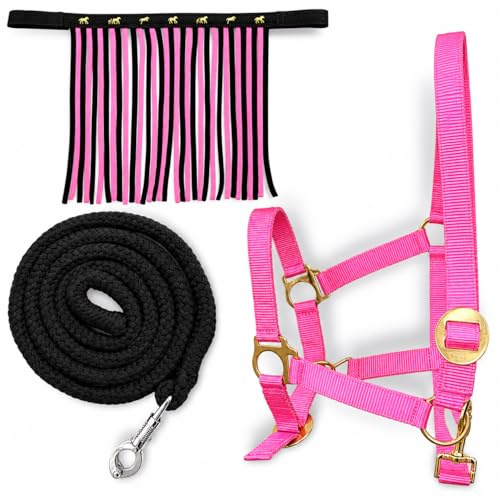 Cabestro para caballos con cuerda y flecos de mosca, cabestro con punto – Cabestro Pony Shetty Cabestro Cob Full Kb (pony, negro-rosa + negro + rosa)