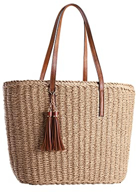 YXILEE Straw Bags For Women | M Size Travel Straw Totes Bag Woven Summer Handmade Shoulder Bag Handbag