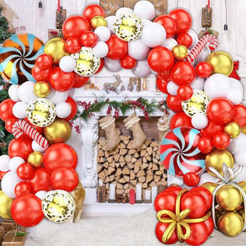 Palloncini Natale Arco, FainFun Decorazioni Compleanno Natale, Palloncini Natalizi, Decorazioni Natalizie con Palloncini in Foil e Lattice, Arco di Palloncini per Decorazione di Natale (B)