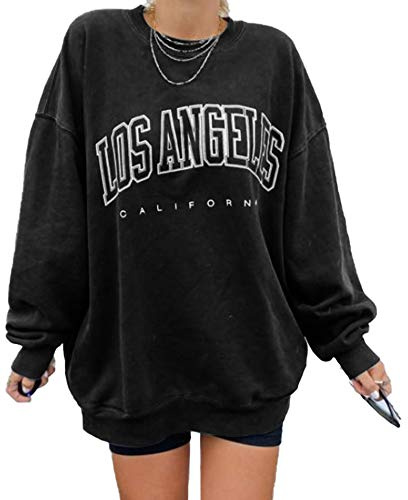 GeGekoko Överdimensionerad tröja för kvinnor Los Angeles California rundhalsad långärmad ledig lös pullover toppar, La# Svart, S
