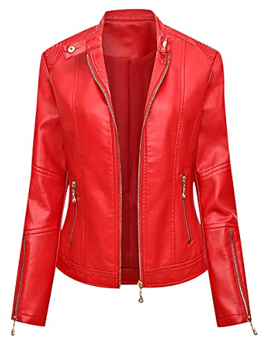 Peuignao Giacca Ecopelle Donna Giubbotto Giubbino Ecopelle Donna Giacca Biker Jacket Donna Giubbotto Similpelle Faux Leather Jacket Donna Giacche Curvy Rosso S