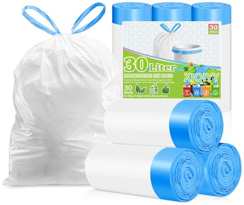 XIQIYY 30L Müllbeutel mit Zugband,Müllsäcke mit Tragegriff 30 Stück Groß Mülltüten mit Kordelzug,für 25–35Liter Küchen Lebensmittel,Büro,Wohnzimmer Mülleimer(60x70cm,Weiß Abfallsack)