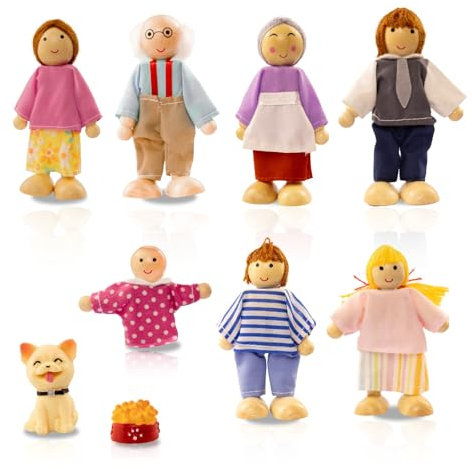 DIKARIYA Hölzerne Puppenfamilie für Puppenhaus, Kleine Holz Puppenhaus Zubehör Puppen Familie Set mit Hund, Puppenhausspielzeug Stoff Puppenhaus Figuren für Pretend Mädchen Weihnachts Kinder Geschenk